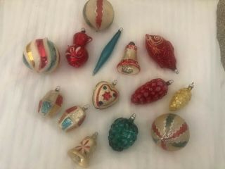 14 Vintage Christmas Ornaments Germany Mercury Glass Mica Figural Red Teal Gold