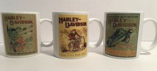 Set Of 3 Harley Davidson White Commemorative Coffee Mugs