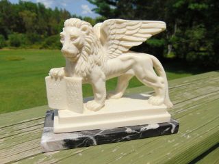 Winged Lion Of Saint Mark Holding Book Marble Base Statue Italy G Ruggeri