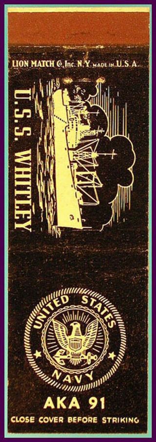 Nm 1940s U.  S.  S.  Whitley Aka - 91 - Us Navy Ship Matchbook Cover Matchcover