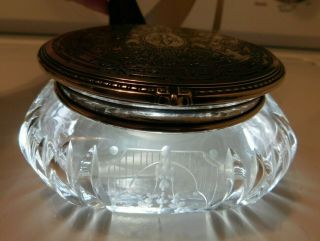 Stunning Vtg/antique Nouveau/deco Cut Crystal Ornate Sterling Dresser Powder Jar