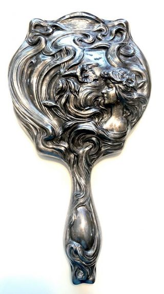 Antique Art Nouveau Derby Silver Co Silverplate Hand Mirror Marked Patent 1904