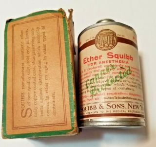 Ether Squibb Copper Ccan Tin For Anesthesia 1/4 Lb Vintage Medical W/ Box