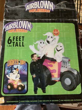 Gemmy 6ft Halloween Inflatable Airblown 3 Ghost In A Hotrod Race Car Lights Up