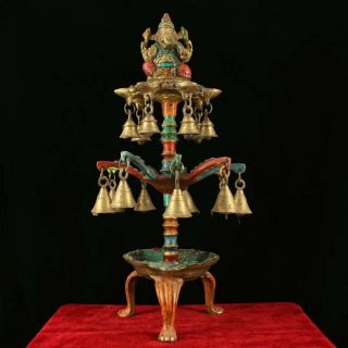 Collect Old Tibetan Pure Copper Gilt Inlay Gemstone Elephant Jambhala Oil Lamp