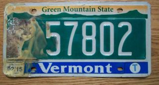 Single Vermont License Plate - 2015 - 57802 - Cougar - Green Mountain State