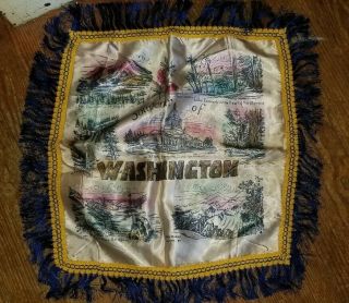 Vintage Washington State Souvenir Satin Pillow Cover Case Fringed