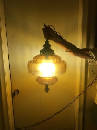 Vintage Hanging Lamp Swag Light Amber Glass Globe Mid Century Retro