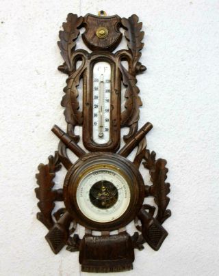 Antique Barometer Thermometer In Wood Handcarved