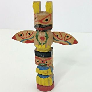 Vintage Totem Pole Alaska Souvenir Mini 4.  5 " Wood Carved Hand Made