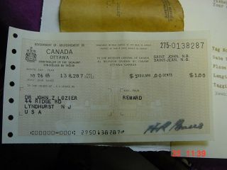 Government of CANADA Ottawa Salmon Tag $1 Reward Check 1965 Uncashed 2