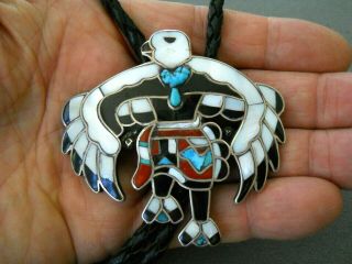 Old Native American Zuni Multi - Stone Inlay Sterling Silver Eagle Dancer Bolo Tie