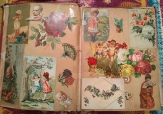 Antique VICTORIAN SCRAPBOOK Album with Trade Cards Die Cuts Ephemera 1800 ' s 7