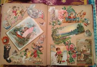 Antique VICTORIAN SCRAPBOOK Album with Trade Cards Die Cuts Ephemera 1800 ' s 8