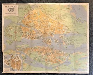 Stockholm Sweden Large Detailed Map (approx 26.  5 X 21 Inches) Foldout Map 1935
