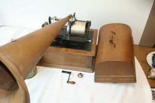 Edison Concert Cylinder Phonograph W/ Horn,  Model D Reproducer,  Crank,  Oak Case