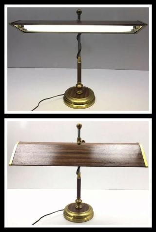 Vintage Mid - Century Heavy Brass Desk Fluorescent Faux Wood Grain Desk Lamp Retro