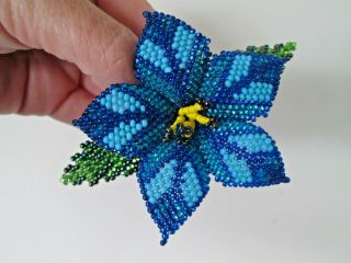 Blue Tropical Hibiscus Flower Beaded Hair Clip Barrette Guatemala Luau Tiki