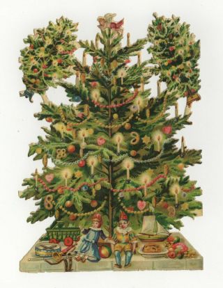 Joined Victorian Die Cut Christmas Tree Toys Doll Decoration Antique Scrap 1900s
