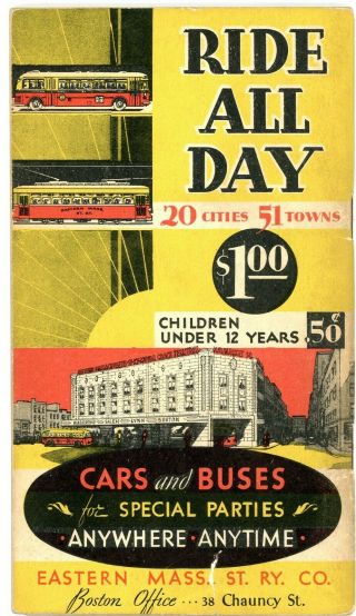 Eastern Massachusetts Street Railway,  1936 Trolley Booklet,  Time Table And Map
