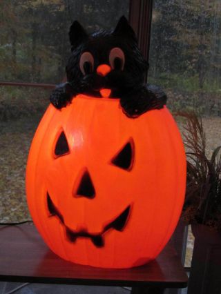 Vintage TPI 1994 Halloween Lighted Black Cat in a Pumpkin Plastic Blow Mold 28 