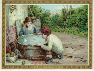 Birket Foster ? Victorian Year Greetings Card Chidren Playing With Water Tub
