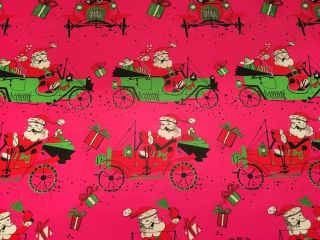Vtg Christmas Wrapping Paper Gift Wrap 1950 Santa Claus Tin Lizzie Car Nos