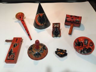 Vintage Halloween Tin Litho Noisemakers Kirchhoff U.  S Metal Toy Wood Handle Toys