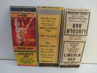 3 Diff.  Early Reno,  Nv Matchbook Covers Lincoln - - Eagle - - Carlisle 