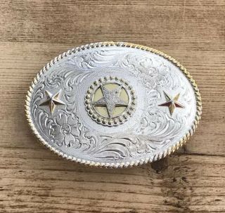 Nocona Rodeo Western Belt Buckle Oval Texas Star Silver Gold Tone