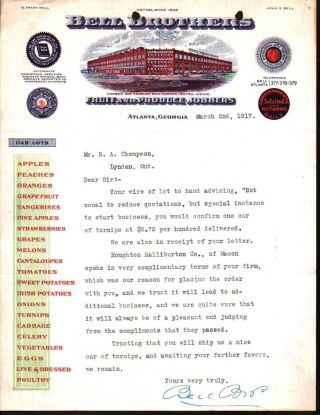 Atlanta Ga 1917 Bell Brothers Fruit Produce Fantastic Rare Letterhead History