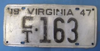 1947 Virginia License Plate - Low,  3 Digit Number