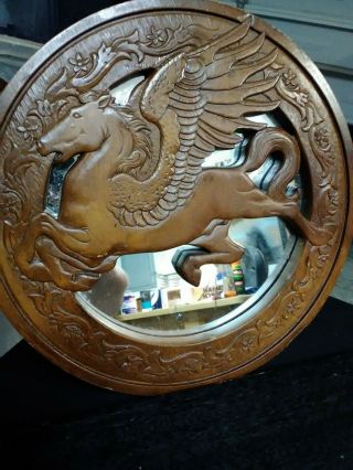 Pegasus Round Mirror Vtg 1970s Fairy Wood Carving Msc Hardin Unicorn Fairy Wicca