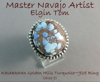 Navajo Elgin Tom Well Executed Kasakhstan Golden Hills Turquoise 925 Ring Sz.  9