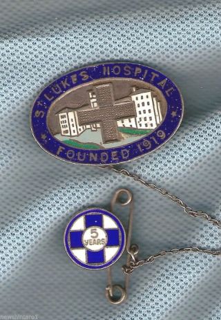 D140.  1944 St Lukes Hospital Nurse Lapel Badge & 5 Years Service Badge,  Named