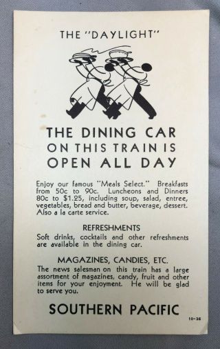 1936 SOUTHERN PACIFIC RAILROAD The Daylight DINING CAR Advertising Open All Day 2