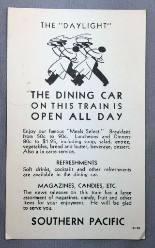 1936 SOUTHERN PACIFIC RAILROAD The Daylight DINING CAR Advertising Open All Day 5