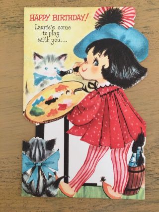 Girl Painting Kitten Laurie Birthday Card Fairfield Vtg Unsigned