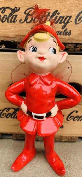 Vintage Kreiss 1950s Fairy Elf Boy Ceramic 6 1/2  Tall Red Pixie Retro