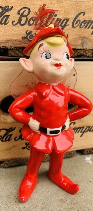 VINTAGE Kreiss 1950s FAIRY Elf BOY CERAMIC 6 1/2  TALL RED PIXIE Retro 2