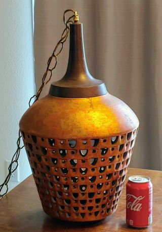 Vintage Mid Century Modern Orange Oil Drop Ceramic Wood Hanging Swag Lamp Light