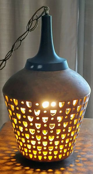 Vintage Mid Century Modern orange oil drop Ceramic Wood Hanging Swag Lamp Light 2