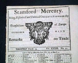 Rare 18th Century Stamford Lincolnshire England W/ Masthead 1729 Newspaper