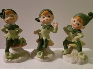 Set Of 3 Vintage Lego Porcelain Pixie Elf Figurines Mushroom Sitters