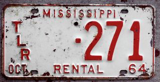 1964 Red On White Mississippi Rental Trailer License Plate [such As U - Haul]
