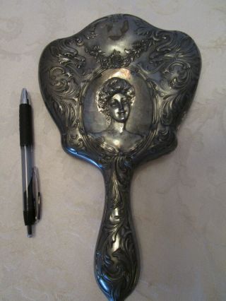 Antique Art Nouveau Silver Plate Beveled Hand Mirror Woman & Griffins Embossed