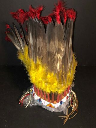 Native American Indian leather head dress real feathers great bead work 12