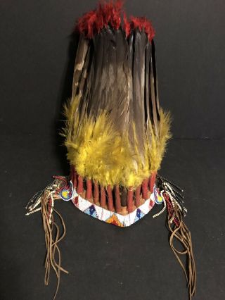 Native American Indian Leather Head Dress Real Feathers Great Bead Work