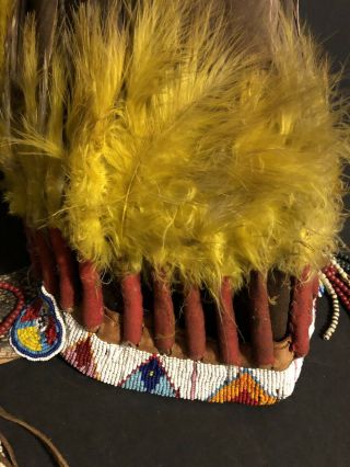 Native American Indian leather head dress real feathers great bead work 2