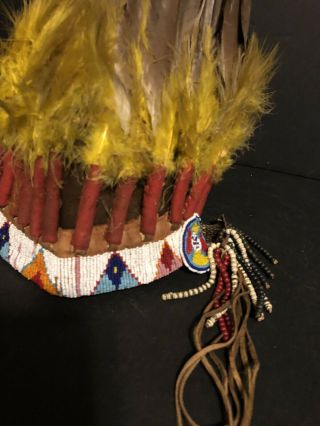 Native American Indian leather head dress real feathers great bead work 3